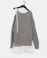 Hato Lace Ribbon Integrated Frill One-Shoulder Knitwear