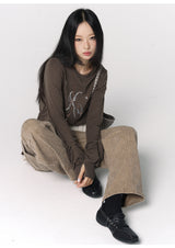 CONFUN Lantern Sleeve Sequin Embroidered Pleated Round Neck Top
