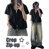 Adapted nylon two-way short-sleeved hooded zip-up jumper