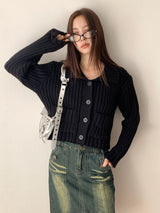 Raffel collar pocket ribbed cardigan