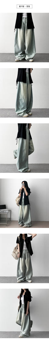 Rmin Side Pintuck Summer Long Pants Denim Wide Pants [Choose short and long]