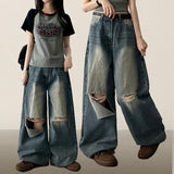 Andy Knee Damage Cutting Deep Washed Denim Wide Pants