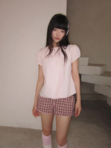 EatmePlz Pink Brown Check Vintage Loose Drawstring Home Pants and Shorts