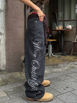 ホットフィクスレタリングアンバランスデニムパンツ