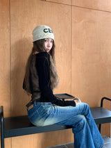 Back see-through lace long-sleeved T-shirt