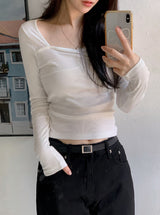 Raymi Heart Neck Shirring Slim Rib T-Shirt (4color)