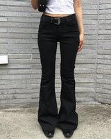 Black stitch boots cut pants
