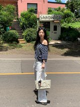 [MADE] Spool Stripe Unbalanced Off-Shoulder T-Shirt