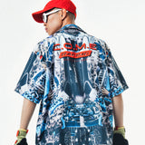 [UNISEX] Automobile Parts Camp-Collar Printed Shirt (Blue)