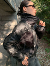Black fur high-neck zip-up leather jacket