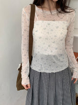 Zaina Tencel U-Neck See-through Flower Layered Long Sleeve Tee