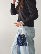 denim ribbon string pouch - deep blue M