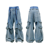 RELABEL (RE-MAKE) Double-Waist, Splashed-Ink, Washed, Distressed Ice-Blue Cargo Sweatpants