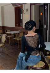 Black bag see-through pad bow long-sleeved shirt