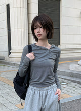 リズムダイアゴナルアンバランスボタンフード長袖Tシャツ