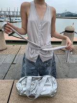 オートミール ルーズ ホルターネック ストラップ ノースリーブ Tシャツ