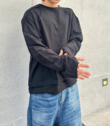 アンバランスネックラインスラッシュカットレイヤードTシャツ(ブラック)