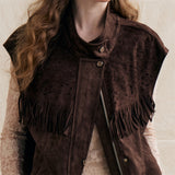 Camel Western Fringe Laser-Punched Suede Crop Vest