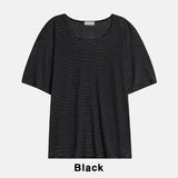 ボニーリネンストライプUネック半袖Tシャツ