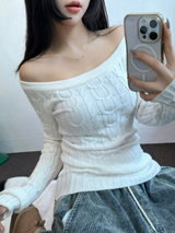 OFF SHOULDER TWISTED SLIN LONG KNIT 🩶🤍🖤3COLOR
