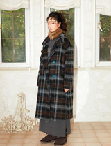Gradient blue polka dot checkered contrasting color woolen overcoat