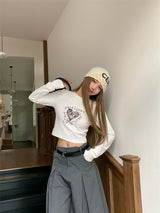 Heart Printed Long Sleeve Crop T-shirt
