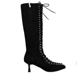 レースアップスパンデックスデニムスティレットロングブーツ (Denim)