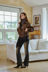 PAMELA LEATHER BOMBER JACKET / BROWN