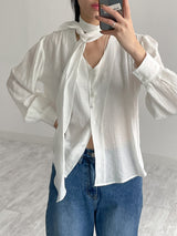Wrinkle V-Neck Tie Blouse