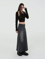 DENIM LONG SKIRT(BLACK)