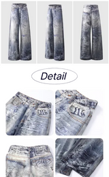 Hand-Painted Distressed High-Waisted Wide-Leg Jeans
