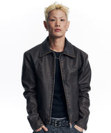 Washed Leather Crop Jacket - Brown