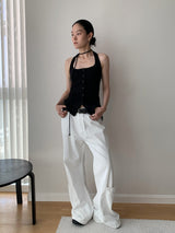 Single buckle ホルターネックレースアップノースリーブ Tシャツ