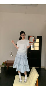 Lace shirring round loose fit short sleeve tee