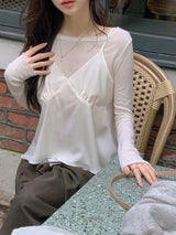 [SHOPPERMADE] サテンシルキーシフォンスリーブレスブラウス