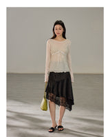 Asymmetric Lace Mix Silk Midi Skirt