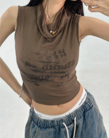 DAMAGE PRINT SLEEVELESS NECK SHIRRING TOP🤎🤍 - 2 COLORS