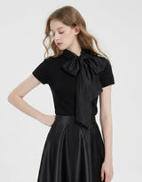 [PRE- FALL] Dahlia Satin Ribbon Scarf Slim Half Sleeve Top Black
