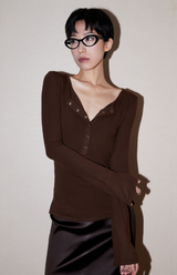 Button Bell Line Knit_Brown