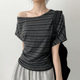 Soft and flexible half-off-shoulder striped short-sleeve T-shirt (3 colors)