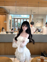 One-shoulder organza patchwork top