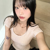 エンボス バックスリット ストラップ Uネック 半袖Tシャツ