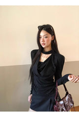 Black Chic Shimmering Halterneck Long-Sleeved T-Shirt