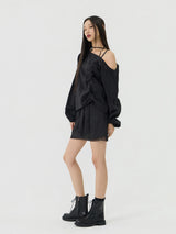 One-shoulder Blanc Ribbon Shirring Detail Top, Black