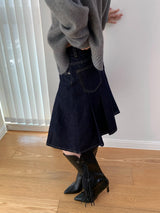 Dark blue raw cotton flared pleats midi skirt