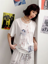 アップリケプリントパッチワークルーズショートスリーブTシャツ