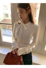 half turtleneck strap lace frill long-sleeve t-shirt