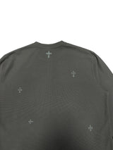 FLOCKED DENIM PATCH EMBROIDERY WAFFLE KNIT HENLEY COLLAR BASE LAYER CARDIGAN