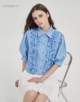 Ravina frill detail puff sleeve blouse blue