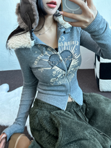 FUR🤎🧸CROPPED HALF PRINTING JUMPER ZIP UP🩶🖤2COLOR